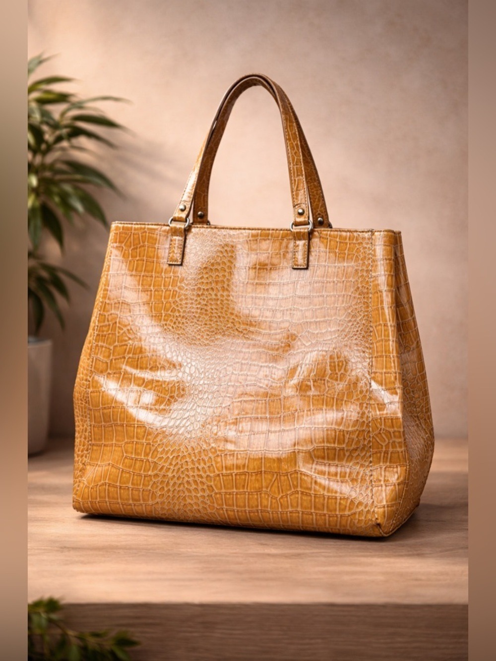 LIKE NEW Embossed Reptile Pattern Embossed Yellow Fashion Tote Bag - Picture 15 of 16